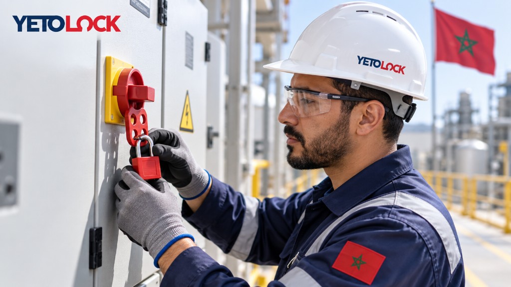 Technicien YETOLOCK posant un cadenas de consignation sur un tableau électrique au Maroc / YETOLOCK technician fitting a lockout padlock on an electrical panel in Morocco