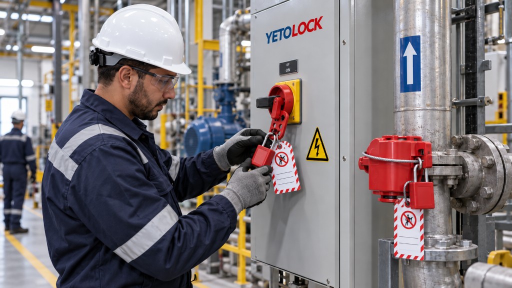 Technicien YETOLOCK appliquant un cadenas et une étiquette de consignation au Maroc / YETOLOCK technician applying a lockout padlock and tag in Morocco
